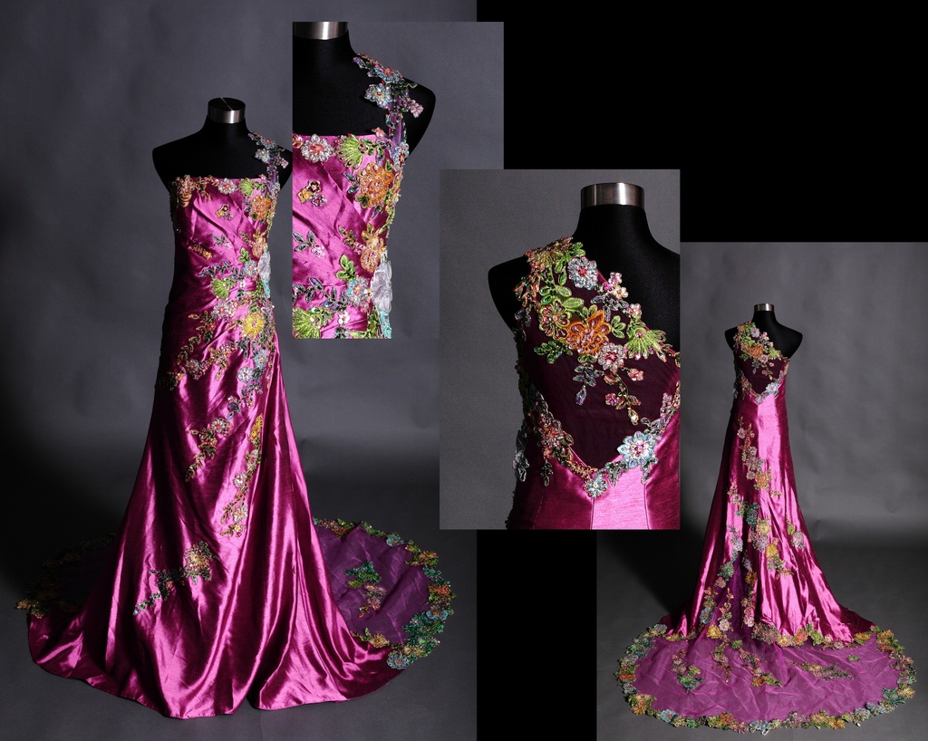 洋紅緞面花卉刺繡單肩拖尾晚禮服