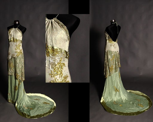 薄荷金刺繡綁頸拖尾晚禮服