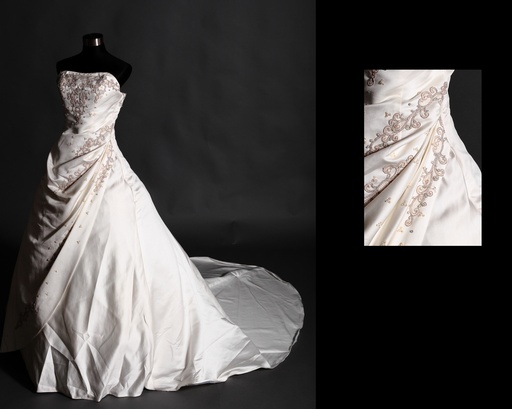 白緞金繡無肩拖尾婚紗